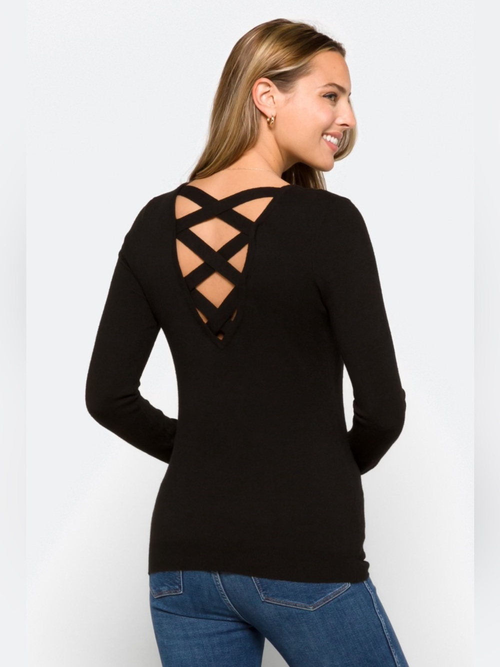 Black Crisscross Back Long-Sleeve Women’s Top